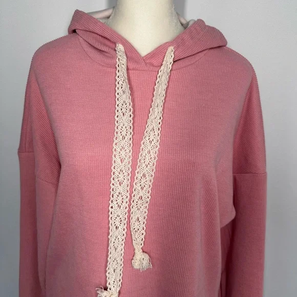 LoveBug Boutique Women's Ribbed Pink Hoodie with Lace Cream Drawstrings - Picture 2 of 9